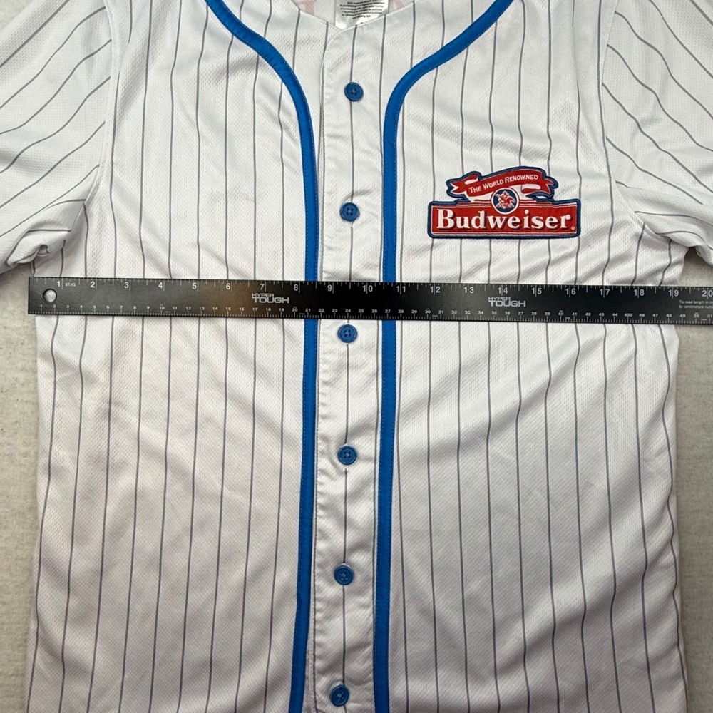 Budweiser Baseball Jersey Mens Small White Blue Pinstripe King of Beers Graphic - Picture 4 of 9